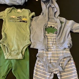 Car onesie set and a Dino onesie set